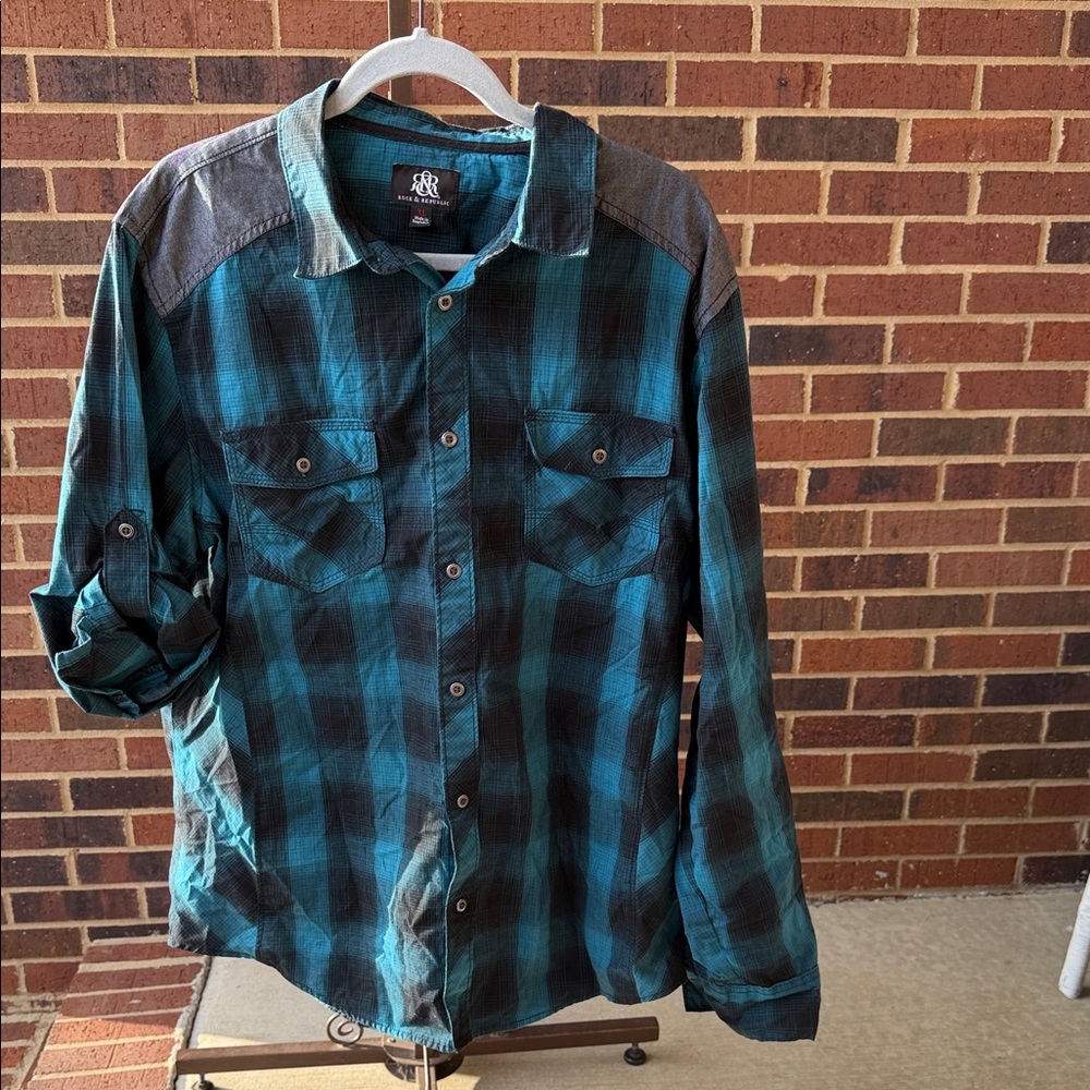 Rock & Republic Teal and Black Plaid Shirt